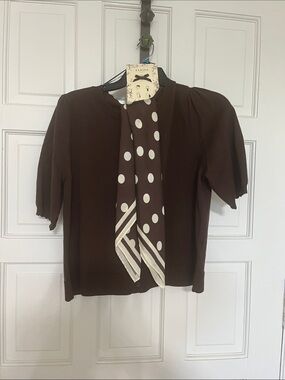 Sabine Brown Short Sleeve Top with Polka Dot Scarf Accent